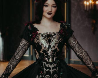 black and gold gothic dress Victorian Dress Black Gold Tudor Dress Costumes Lace Up Satin Fabric Marie  Antoinette Costume Floral Print Dress Women's Gothic Set Party Prom Dress