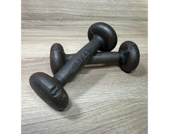 Vintage BF Co Cast Iron Dumbbells Set of 2 Antique Hand Weights Industrial Decor