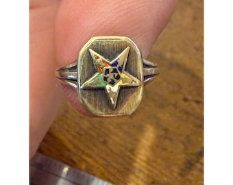 Vintage 10K White Gold Order of the Eastern Star OES Enamel Signet Ring Size 6.5