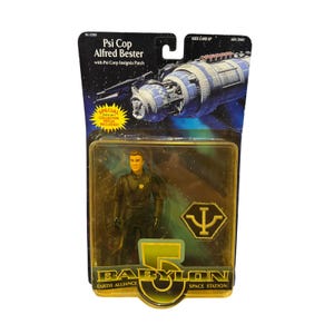 May include: A Babylon 5 Psi Cop Alfred Bester action figure in original packaging. The card features a space station graphic, the text Psi Cop Alfred Bester, and a Psi Corp insignia patch. The figure wears a black uniform with a gold emblem.