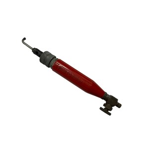 May include: A red Turbo Torch handle featuring a cylindrical body with the brand name embossed on the side. The tool includes a metallic tip at one end and a control valve assembly with a circular adjustment knob at the opposite end.