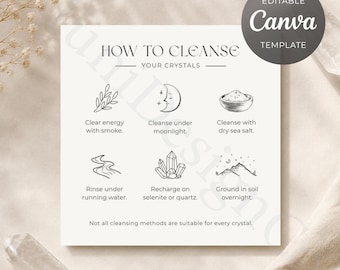 Op de afbeelding: Een vierkante instructiekaart getiteld HOW TO CLEANSE YOUR CRYSTALS met zes zwarte lijntekeningen en tekst die methoden beschrijft zoals rook, maanlicht, zeezout, water, seleniet of kwarts en aarde.