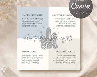Op de afbeelding: Een vierkante instructiekaart met de titel How to cleanse your crystals, verdeeld in vier secties: Smoke Cleansing, Crystal Charging, Moonlight en Running Water. Het ontwerp bevat een centrale kristalillustratie en tekst die 3x3 inch kaartformaten aangeeft.