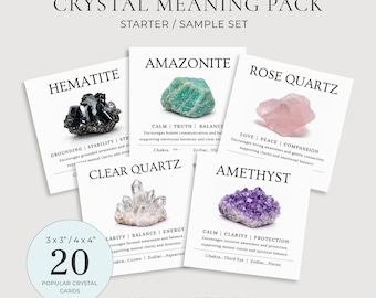 Op de afbeelding: Een Crystal Meaning Pack starterset met vijf vierkante kaarten met afbeeldingen van hematiet, amazoniet, rozenkwarts, bergkristal en amethist. Elke kaart bevat de naam, trefwoorden en de tekst 3x3"/4x4".