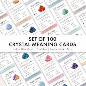 May include: A set of 100 crystal meaning cards featuring various gemstones like carnelian, chrysoprase, and azurite. Each card displays the crystal name, associated traits, zodiac signs, and cleansing instructions. The text reads SET OF 100 CRYSTAL MEANING CARDS.