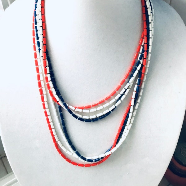 Red White and Blue Vintage Necklace Long Acrylic Bead 4 Strand