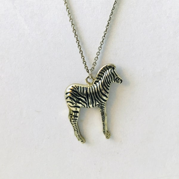 Vintage Zebra Necklace Pendant Silver Long