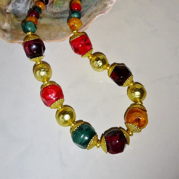 Vintage Colorful Acrylic Beaded Necklace Gold Tone Eighties Jewelry Jewel Tones