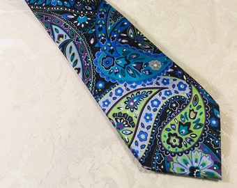 Vintage Tie Silk Countess Mara Paisley Men's Necktie Teal Silver Purple Blue Silk