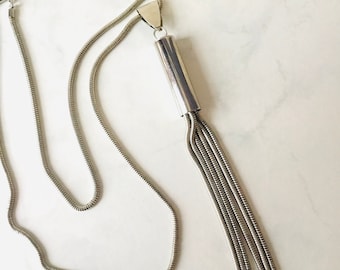 Vintage Silver Tassel Necklace Long Snake Chain Runway Statement