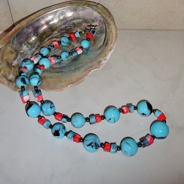 Vintage Necklace Turquoise Coral Acrylic Bead Orange Long Beaded Necklace