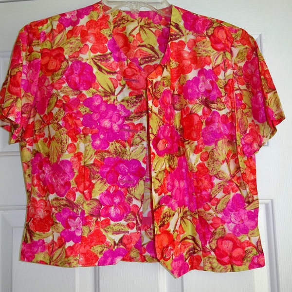 Vintage Blouse Pink Gold Floral Button Front Short Sleeve