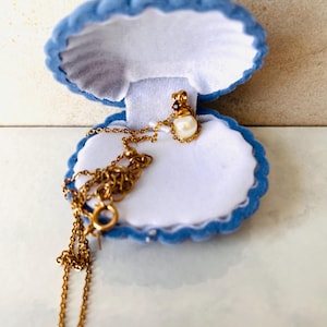 May include: A gold necklace with a pearl pendant rests inside a blue seashell-shaped jewelry box. The pendant has a small red gemstone. The box is open, revealing a white interior.