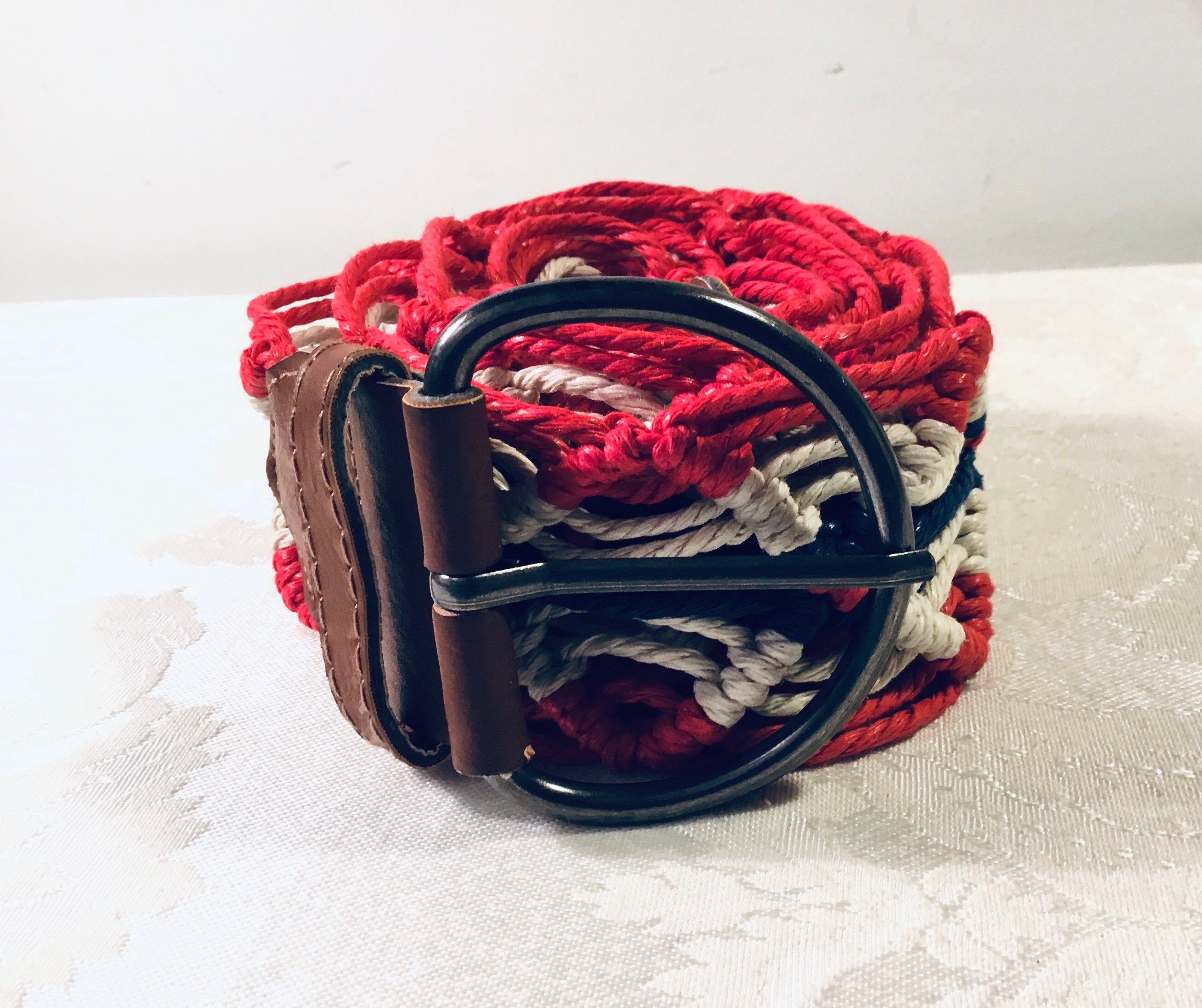 Vintage Braided Knotted Macrame Belt Woven Metal Buckle Red Purple XS Vintage Belt Woven Red White Blue Macrame Braided Multicolor  main image 3