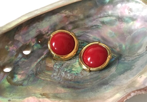 Vintage Monet Earrings Red Round Clip On Acrylic - image 3