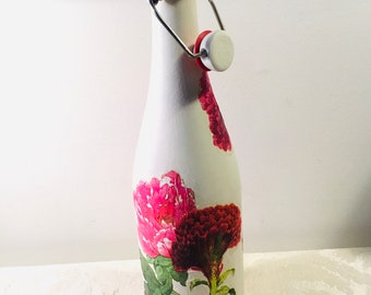 Zinnia Decoupaged Glass Bottle with Stopper Shabby Chic Decor Upcycled