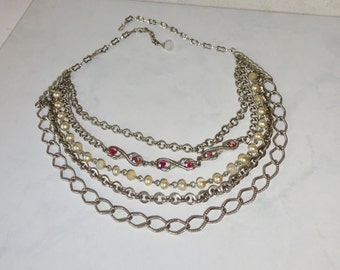 Vintage Chain Necklace Multi Strand Silver Toned Rhinestone 5 Strand Necklace