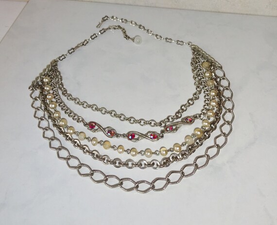 Vintage Chain Necklace Multi Strand Silver Toned … - image 1