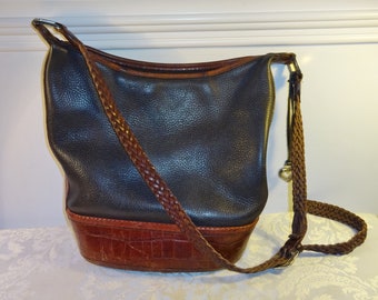 Vintage Brighton Purse Black Pebbled Leather Brown Croc Embossed Shoulderbag Tote