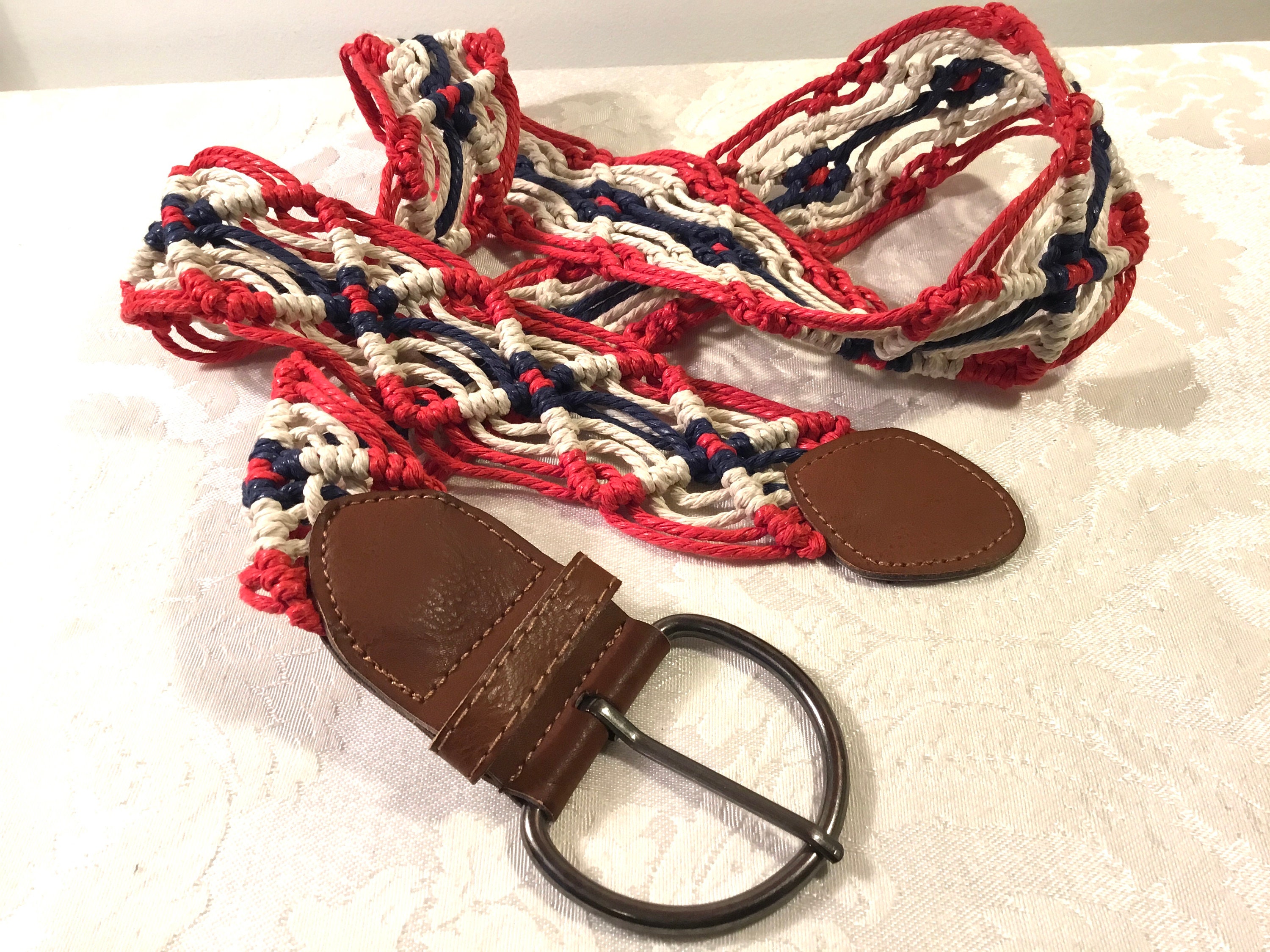 Vintage Belt Woven Red White Blue Macrame Braided Multicolor 