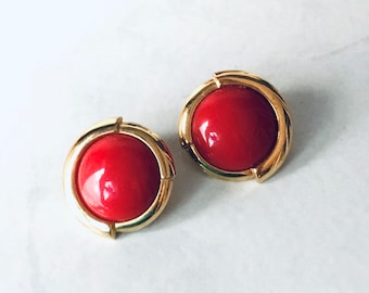 Vintage Monet Earrings Red Round Clip On Acrylic