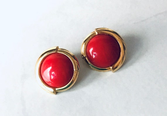 Vintage Monet Earrings Red Round Clip On Acrylic - image 1