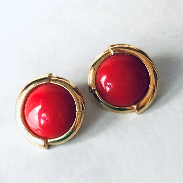 Vintage Monet Earrings Red Round Clip On Acrylic