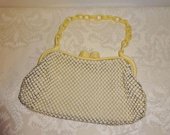 Vintage Whiting & Davis Mesh Purse Cream Acrylic or Bakelite Handle Alumesh  Handbag