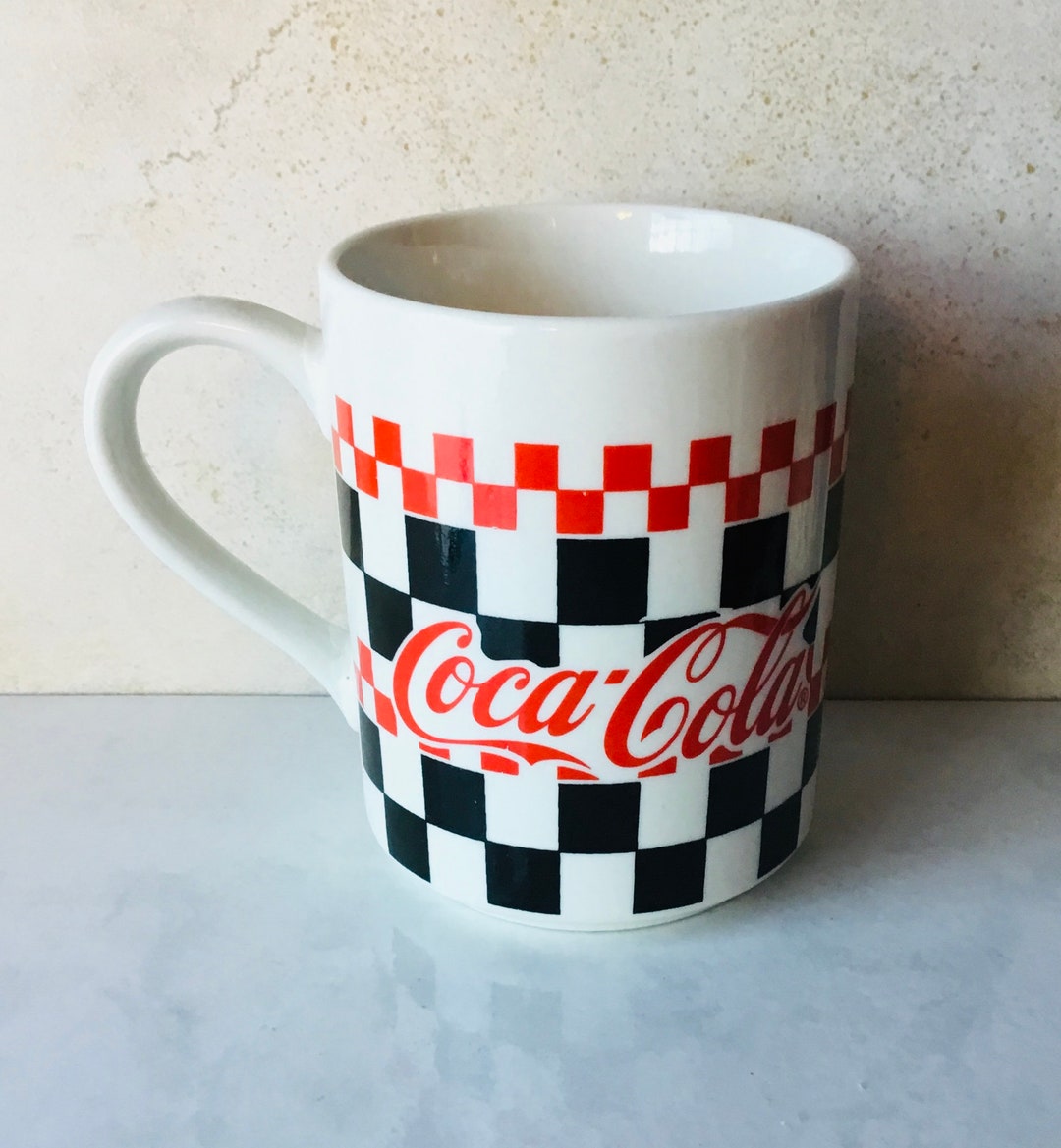 Vintage Coca-cola Mug Ceramic Large Checkered Black White Red Coffee ...
