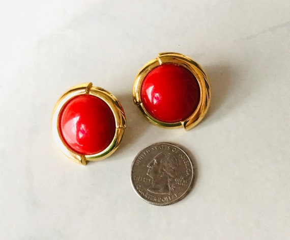 Vintage Monet Earrings Red Round Clip On Acrylic - image 4