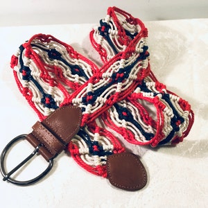 Vintage Belt Woven Red White Blue Macrame Braided Multicolor Wide