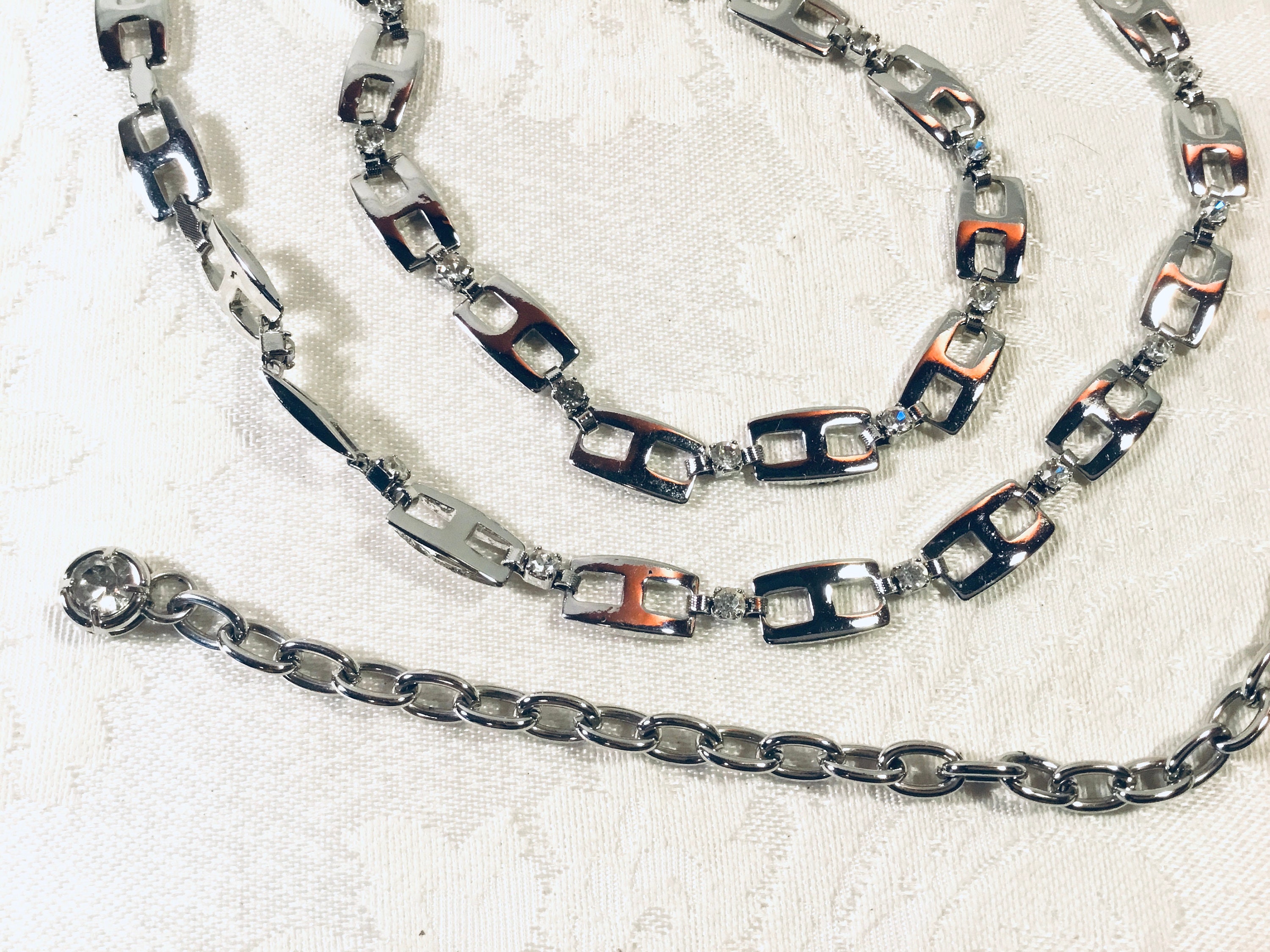 Vintage Belt Silver Metal Link Rhinestones Adjustable Thin  display picture 3