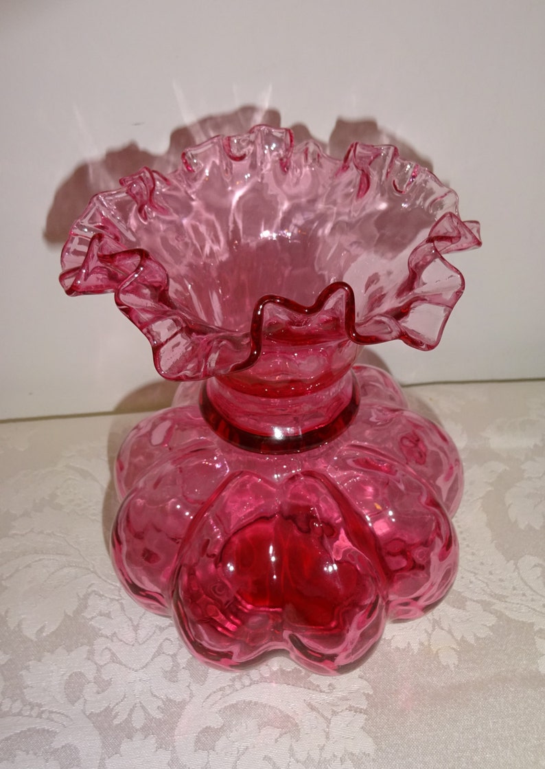 Fenton Cranberry Glass Vase Vintage Ruffled Edge Diamond Optic | Etsy