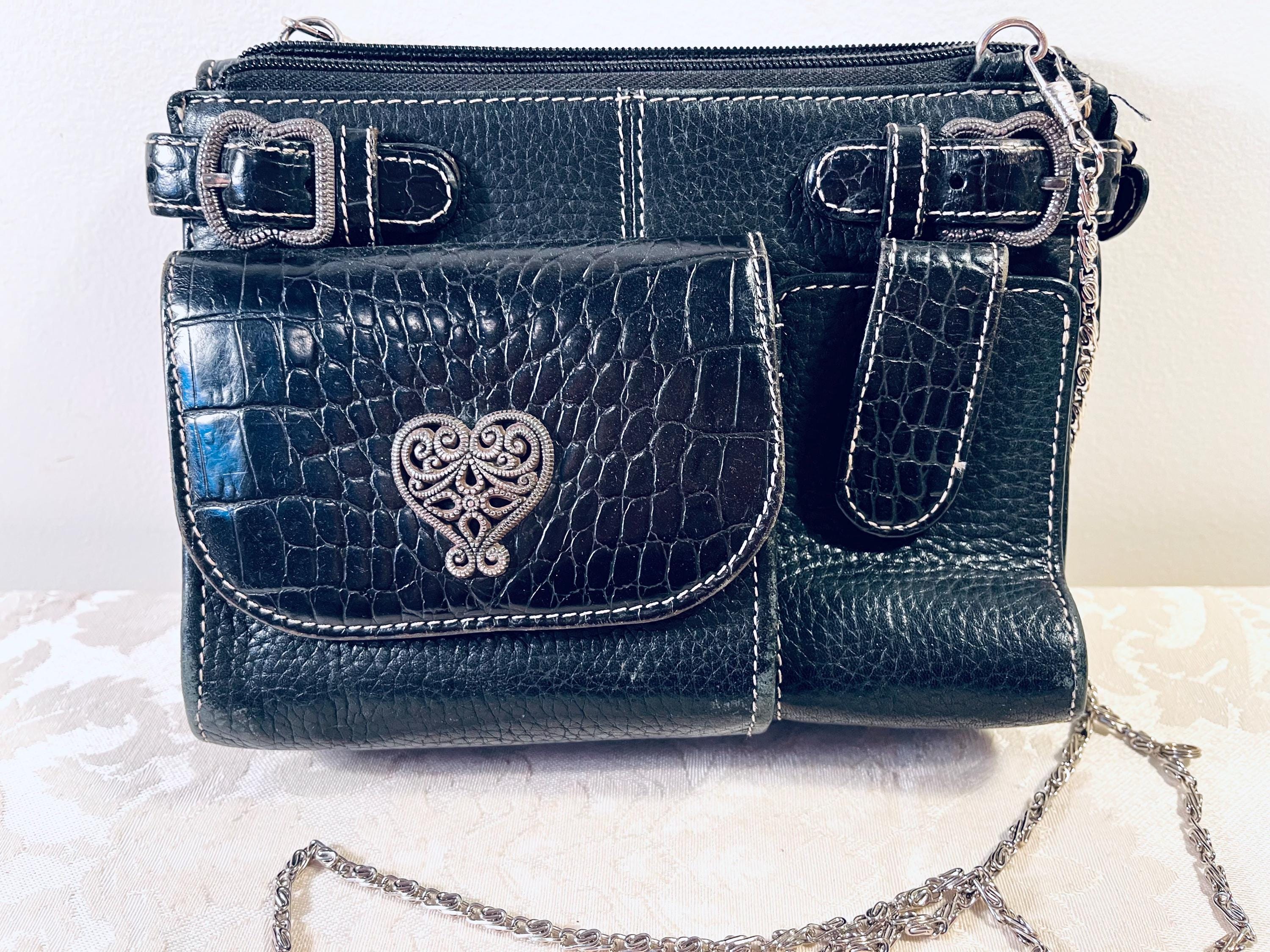 Vintage Brighton black leather embossed silver tone hardware floral accents Brighton Shoulder Bag Black Pebbled Leather Braided Strap  main image 2
