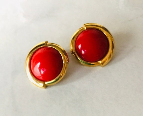 Vintage Monet Earrings Red Round Clip On Acrylic - image 2