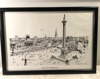 Vintage London Print Trafalgar Square Framed Bernard Smith Lithograph Nelsons Column 1978