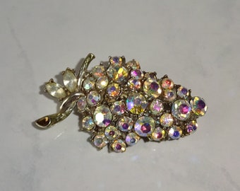 Vintage Brooch AB Rhinestone Grapes Grape Cluster Pin