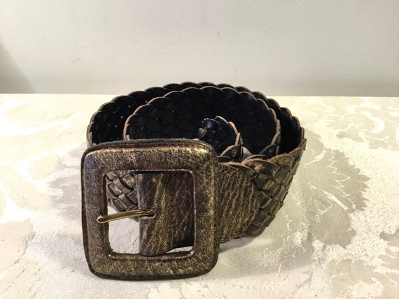 Vintage Chico's Belt Wide Leather Woven Braided G… - image 1