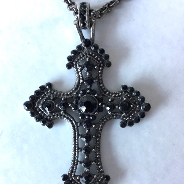 Vintage Marcasite Cross Pendant Necklace Black Guess Brand