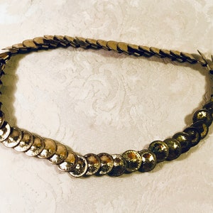 Vintage Metal Belt Disc Gold Toned Metal Stetch Elastic Belt Overlapping Coin Discs Skinny