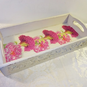 Vintage Wooden Tray Decoupage Upcycled Carved Design Rectangular Tray Handles