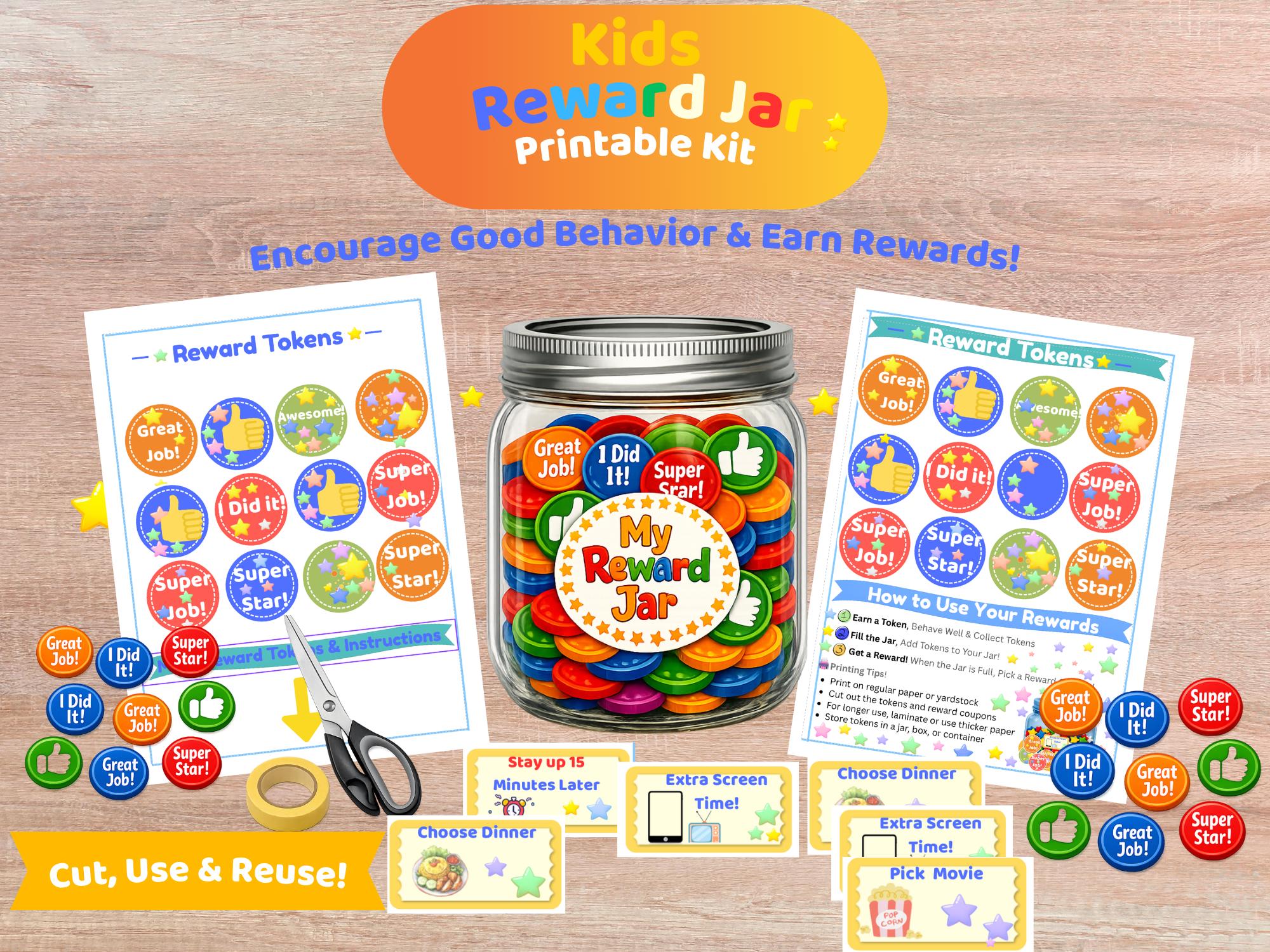 Kids Reward Jar Printable Kit | Behavior Chart, Tokens, Coupons (PDF ...