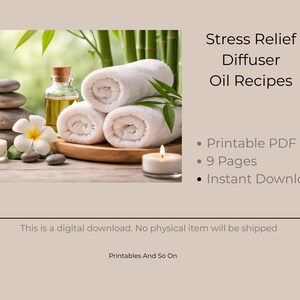 Può includere: Immagine a tema spa con asciugamani bianchi arrotolati, una bottiglia di olio di vetro, pietre impilate, un fiore bianco e candele accese. Testo: "Stress Relief Diffuser Oil Recipes". Download digitale.