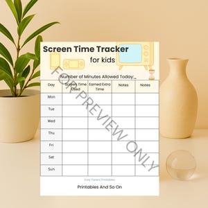 May include: A white screen time tracker printable for kids, featuring a yellow retro television, phone, and game console illustrations. The tracker includes sections for daily screen time, earned extra time, and notes. The text "Screen Time Tracker for kids" is at the top.