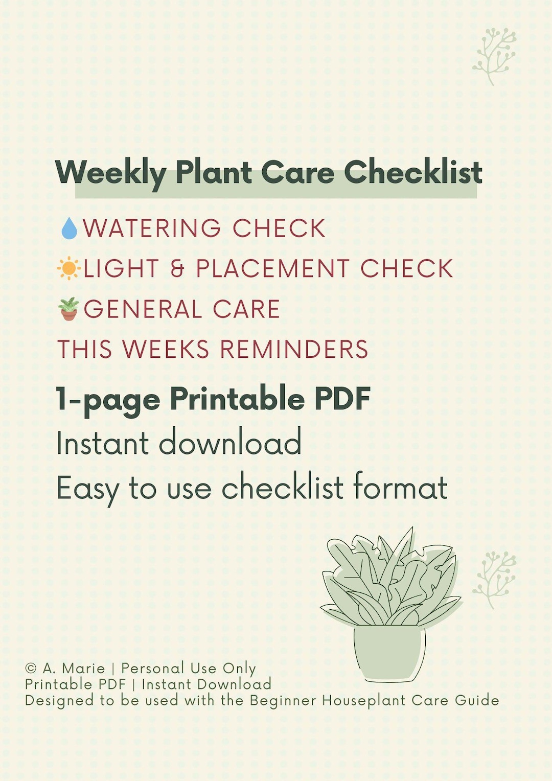 Weekly Houseplant Care Checklist / Printable Plant Care Routine for ...