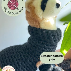 May include: A plush ferret toy wearing a black crocheted sweater. The image includes a round sticker that says "Crochet Pattern Digital Download" and another sticker with the text "Sweater pattern only". A logo with a cartoon dog is also visible.