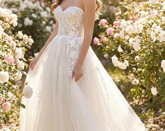 Tulle dress strapless, sleeveless A-line lace wedding dress with a sweep train-ideal as a spring or summer wedding-handmade wedding dress