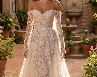 Elegant Lace Wedding Dress – Off Shoulder Bridal Gown, Long Sleeve Corset Wedding Dress with Train, Romantic Formal Dress for Bride