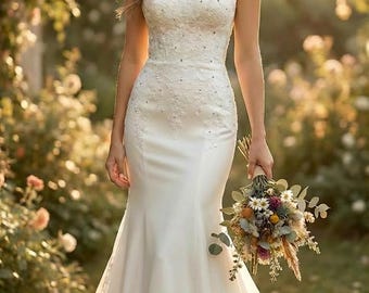 Boho Mermaid Wedding Dress, Strapless Lace Bridal Gown, Fitted Bohemian Wedding Dress with Chapel Train, Beach Bridal Dress, Handmade