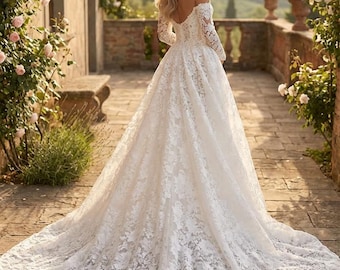 Elegant Lace Wedding Dress – Off Shoulder Bridal Gown, Long Sleeve Corset Wedding Dress with Train, Romantic Formal Dress for Bride